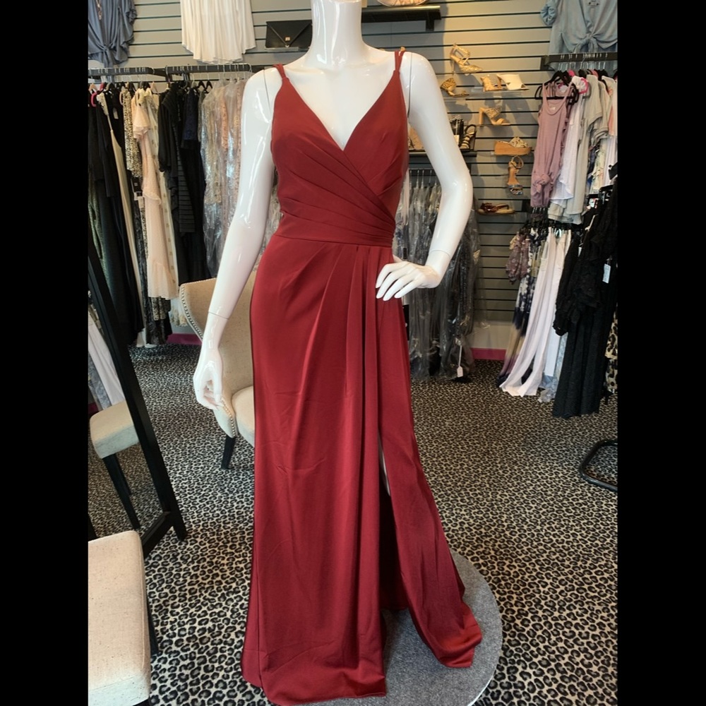 Deep red burgundy Faviana spaghetti strap gown